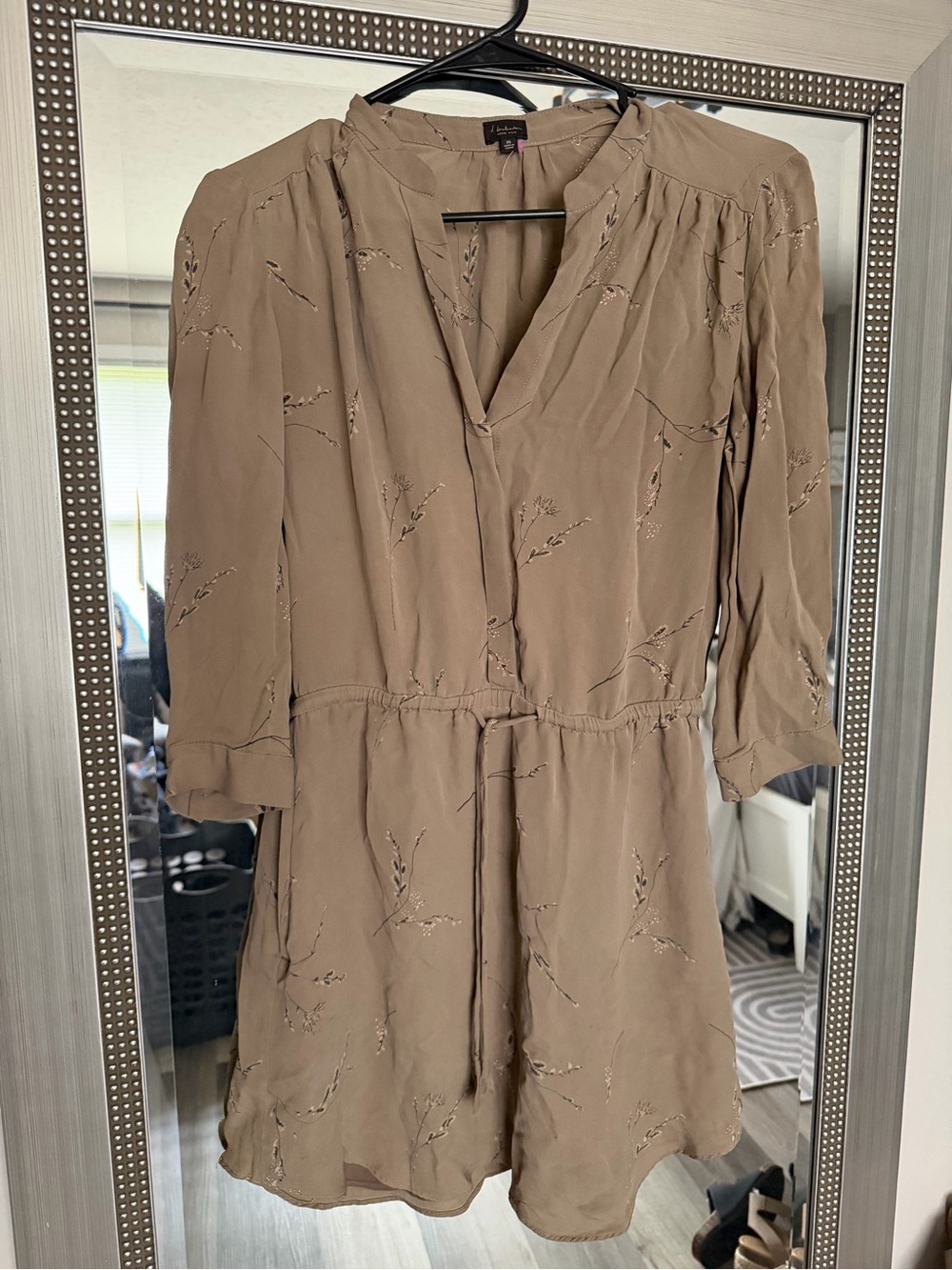Babaton Taupe Embroidered Long-Sleeve V-Neck Dress